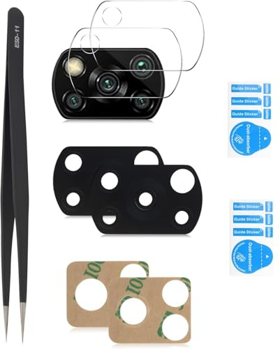 Lente de cámara trasera y kit de vidrio templado para Xiaomi Poco X3 NFC, Mi 10T Lite, Poco X3 Pro (negro, 3+3+pinzas+cinta)