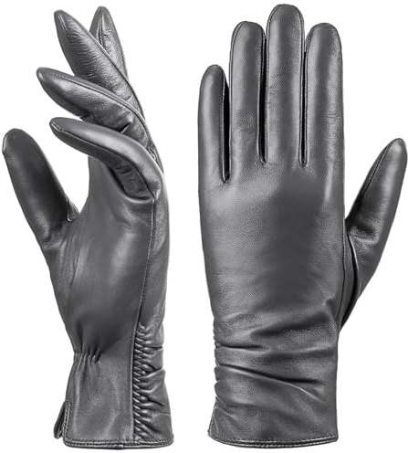 Damen Winter-Lederhandschuhe mit Touchscreen Text, warmes Lammfell, 100% reines echtes Leder (Grau, XXL)