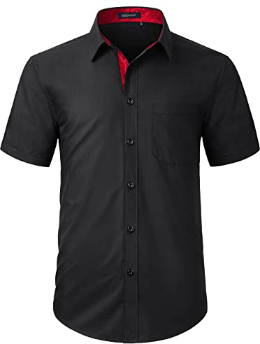 HISDERN Chemise Noire à Manches Courtes pour Homme décontractée d'été Chemise Classique à Coupe régulière avec Poches, Noir-3,XL