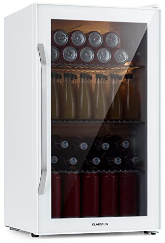 Klarstein Mini Kühlschrank mit Glastür, für Zimmer, Getränkekühlschrank mit Verstellbaren Ablagen, Kleiner Kühlschrank 80 Liter, Indoor/Outdoor, Leise