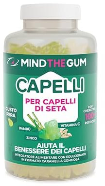 Mind the Gum CAPELLI DI SETA Integratore Alimentare Formato Caramella Con Bambù E Keratina Per La Forza Dei Tuoi Capelli E Delle Tue Unghie | Senza Zucchero | 60 Caramelle Gommose, Gusto Pera