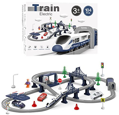 XIAPIA Train Set Railway Learning Educational Toys, Electric Train Sets for Kids Boys Girls Age 3 Years Up, 66 Pcs Electric Track Accessories Car Set, White and Blue, 104pcs