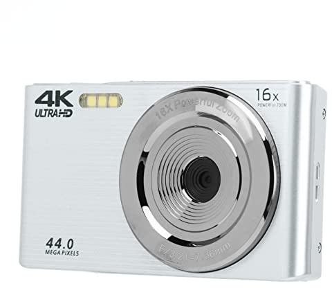 16 ACH Digitalzoom-Kamera, 2,8-Zoll-LCD-4K-44MP-Kinder-Digitalkamera für Kinder, Jugendliche, Anfänger, Erwachsene, Vlogging-Kamera mit Fülllicht, Kompakte Studenten-Videokamera (Silber)