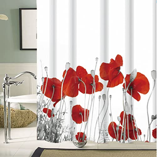 Sanixa Rideau de douche en textile 180 x 100 cm Motif coquelicot blanc rouge imperméable lavable avec anneaux et œillets métalliques PA80171