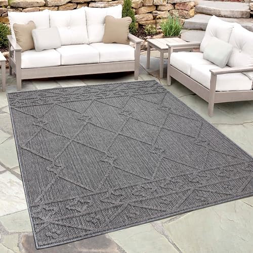 Teppium Outdoor Teppich Wetterfest 240 x 340 cm Grau - Sisal Optik Balkon Teppich Wasserfest, Waschbar und Flachgewebe - Terrassen und Garten Teppich für Draußen, Camping und Küche