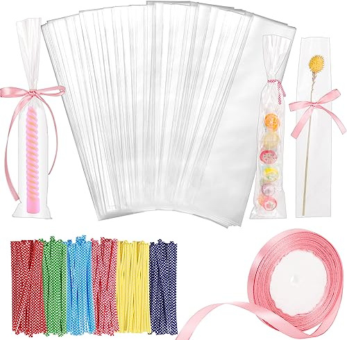 Yoosso 200 Stück Zellophantüten, 25 x 5cm Cellophantüten Weihnachten mit Satinband Rosa Kerzen Tüten Süßigkeiten Tüten für Süßigkeiten Kerzen Blumen