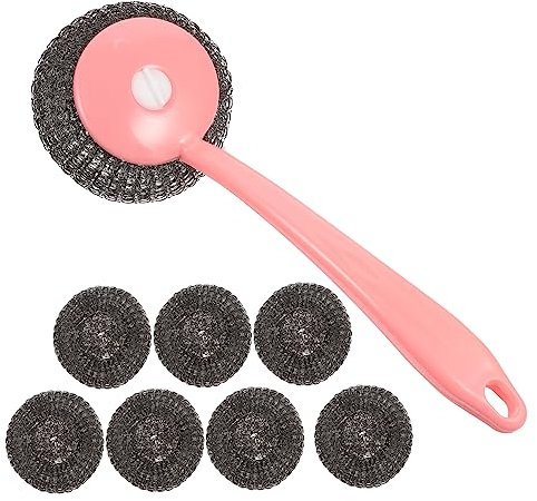 PLAFOPE 8pcs Kitchen Cleaning Brush Set Plastic Handle Steel Wire Ball High Density Mesh Hanging Hole Easy Clean for Pots Dishes Utensils Pink