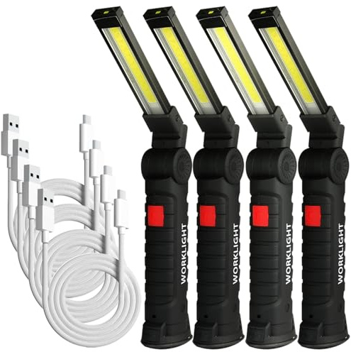 m MU 4x Lampe Torche LED Rechargeable USB-C, Lampe de Travail 360° Magnétique - 5 Modes COB pour Réparation Auto/Camping/Urgence - Cadeaux pour hommes (Noir)