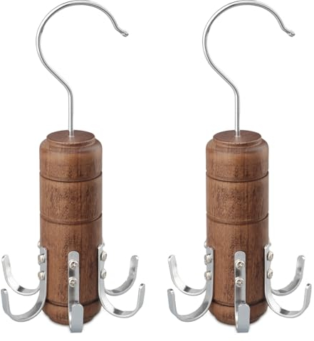 LMSAWK 2 PCS Wooden Belt Hanger, 6 Hooks Scarf Tie Rack, Closet Accessories Organizer, 360 Degree Rotating (Brown)