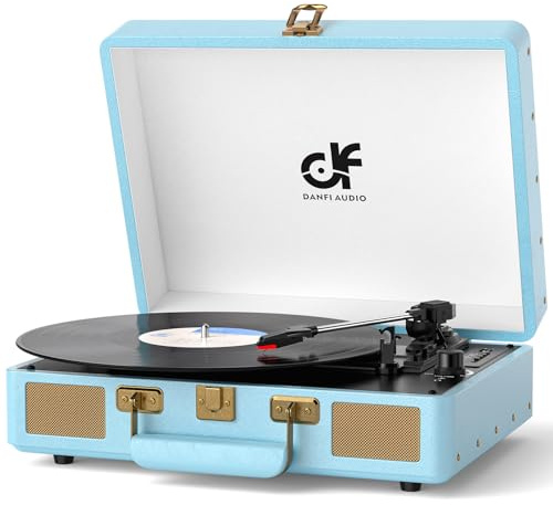 Blue Portable Suitcase Vinyl Record Player Bluetooth with Built-in Speakers, Vintage 3-Speed LP Turntable Player Support Auto-Stop, RCA/AUX/Headphone Jack,Blue