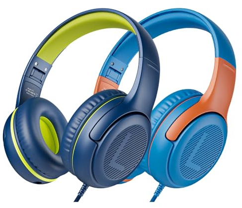 awatrue Casque d'écoute pour Enfants pour l'école avec Microphone 85/94 DB limiteur de Volume Jack 3,5 mm Casque Filaire Pliable avec Shareport pour Filles (Bleu Ciel+Bleu Orange)
