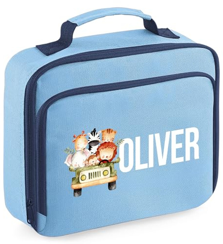 Personalised Safari Animals Lunch Box Kids Boys Girls Back to School Accessories Toddlers, 24cm x 20cm x 8cm, Light Blue