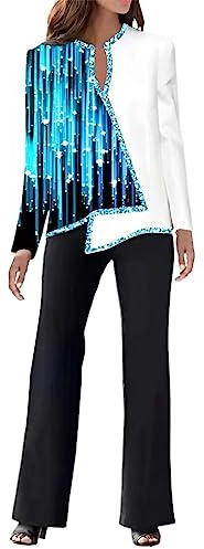 MJGkhiy Completo Donna Elegante Tailleur Cerimonia Curvy Tuta Moda Maniche Lunghe Scollo a V Camicia Patchwork e Pantaloni a Gamba Larga Set Due Pezzi Blazer da Abito e Pantalone Outfit per Sera