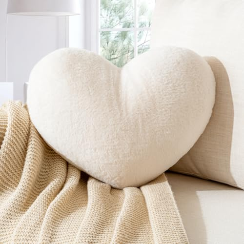 Vdoioe Heart Pillow White Heart Shaped Throw Pillows Super Soft Faux Rabbit Fur Heart Throw Pillow Valentines Day Decorations Pillow,Wedding Decor