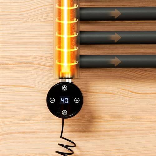 EMKE Heizstab für Badheizkörper mit Thermostat 600W, Heizpatrone für Heizkörper Handtuchheizkörper Elektrisch, Heizstab aus Edelstahl mit Elektronischer Temperaturregler und Timerfunktion Schwarz