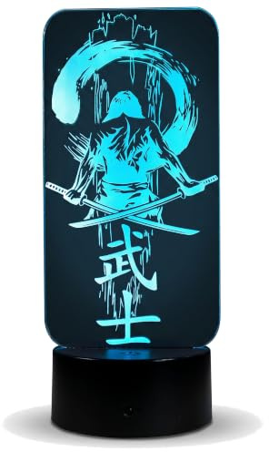 Optechvisual Samurai Lampe LED Japan Krieger Nachtlicht, dimmbar, 16 Farben | Geschenk für Japan & Asia Fans, dimmbar mit Fernbedienung, 16 Farben USB & Batteriebetrieb, Acrylglas graviert in Deutschland