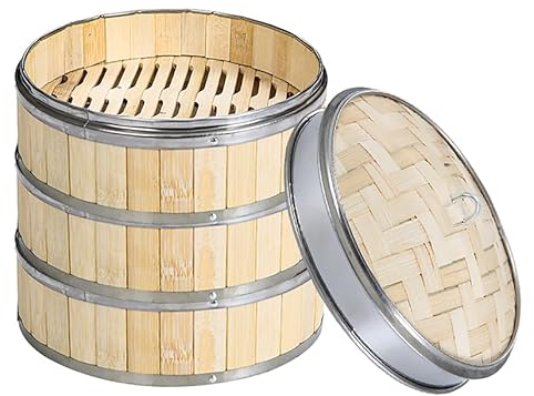Vaporera Bambu,Vaporera Cocinar Vapor,Cesta De Vapor De Bambú Para Cocina,2 Niveles / 3 Niveles Olla Vapor De Bambú Con Bandas De Acero Inoxidable,Cocina De Arroz Natural Chino Con Tapa