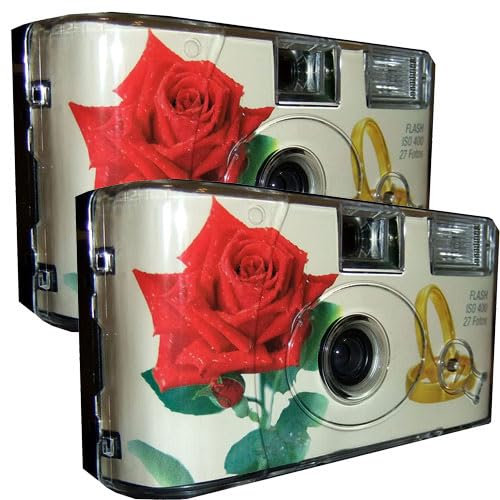 PHOTO PORST Lot de 2 appareils photo jetables 1A Edition Rose et anneaux, avec flash, piles et film (lot de 2, 27 prises chacune, film couleur 35 mm)