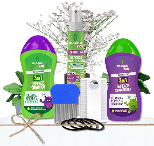 Children Head Lice Defence Kit | Complete Lice Treatment For Kids - Shampoo 300ml, Conditioner 300ml, Leave-In Spray, Lice Comb 2 set & Lice Bands 8pk | Head Protection for a Fresher & Lice-Free Hair