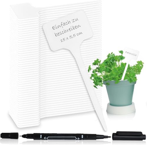com-four® 50x Etichette per Piante con Pennarello a Doppia Punta - Etichette a innesto 15 cm per stanze, balconi, Giardini - Tappi per Piante per etichettatura
