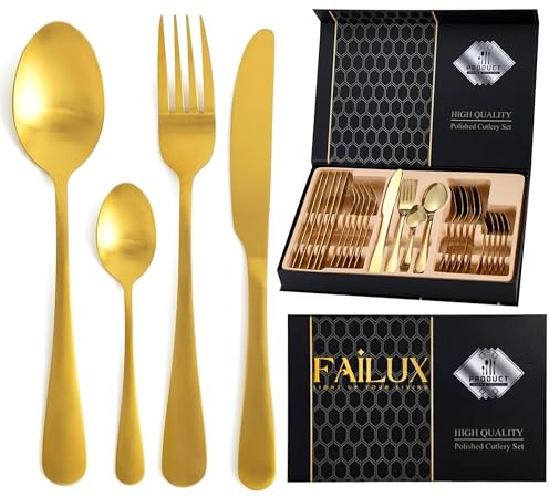 24-Piece Gold Cutlery Set, Stainless Steel Cutlery Set for 6 People – Elegant Cutlery Sets with Knives, Forks Set, Dinner and Tea Spoons Sets – Dishwasher Safe, Perfect for Home, Party & Restaurant