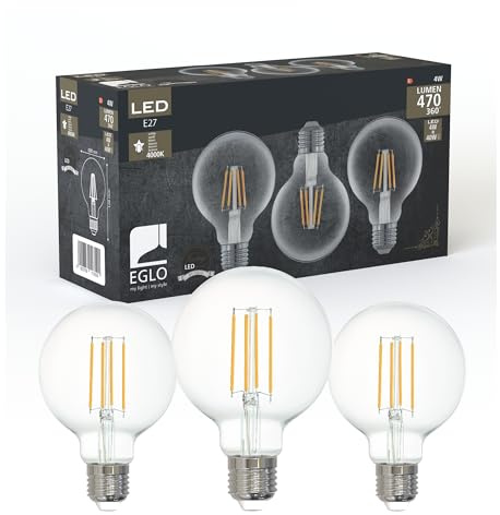 Eglo set di 3 lampade a filamento LED con attacco E27, lampadine Edison vintage trasparenti, 4 watt ciascuna, lampadine a globo bianco neutro, 4000 K, 470 lumen, lampadina retrò G80, Ø 8 cm