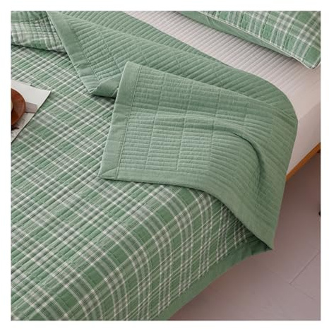DHJKFU Couverture de lit 1 2 Personnes en Coton Léger Couvre-Lit Matelassé à Carreaux avec 2 taies d'oreiller pour lit Simple Double(Green,180x200cm 1 Piece)