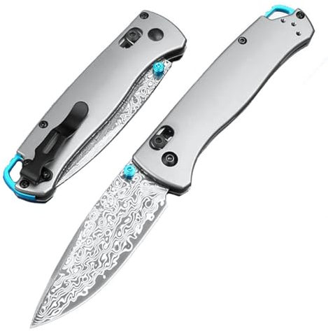 Couteau pliant damassé - Couteau de poche damassé - Couteau de poche Damas Tanto EDC - Couteau en acier damassé - Couteau de survie - Couteau de chasse - Outil argenté avec Axislock