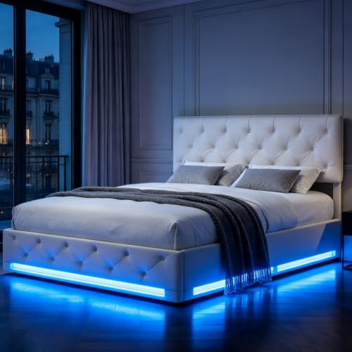 Sängklädsel, 160 x 200 LED, dubbelsäng med sänglåda, förvaringssäng med sidohydraulik, klädselsäng, sängram (krämvit, linne)