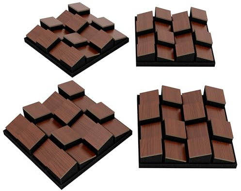 Pack de 4 paneles acústicos difusores | Mosaico 3D sin costuras para pared | Decoración mural DIY | Difusor decorativo de madera (HDF) | Color: [ZARINITY | Nogal]