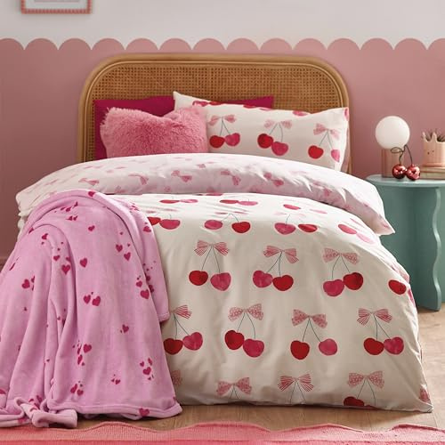 Catherine Lansfield Juego de Funda de edredón Reversible con Funda de Almohada, diseño de Cerezas y Lazos, Color Rosa