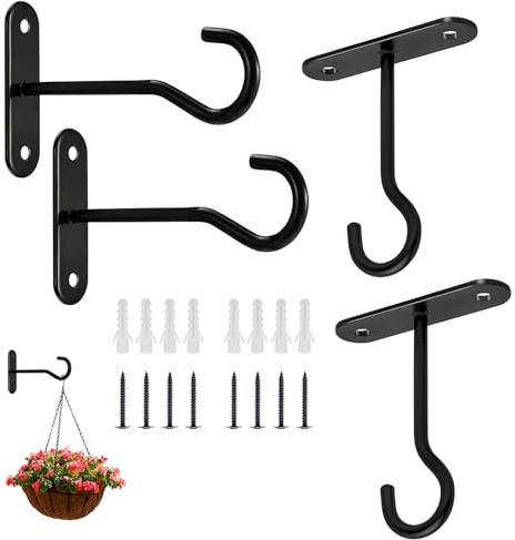 POPAPIE 4 Stück Blumenampel Halterung Haken,Wandhaken,Haken für Blumenampel,Wandhaken zum Aufhängen Mit Schrauben und Ankerbolzen für Hängend Pflanzenkörbe Windspiele Blumentöpfe (Schwarz)