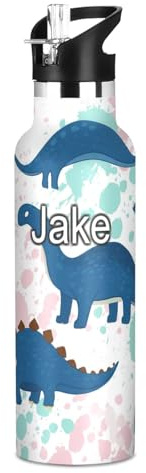 Botella de agua personalizada para niños con pajilla, para la escuela, a prueba de fugas, para niños y niñas, 20 onzas, sin BPA, lindos dinosaurios azules, colores pastel