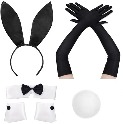 TAXTYHRE 5 Pièces Costume de Lapin Set, Bandeau d'Oreille de Lapin, Nœud Papillon, Gants Manchettes Queue, Accessoires de Costume pour Adultes et Enfants, pour Halloween Pâques Noël Cosplay Fetes