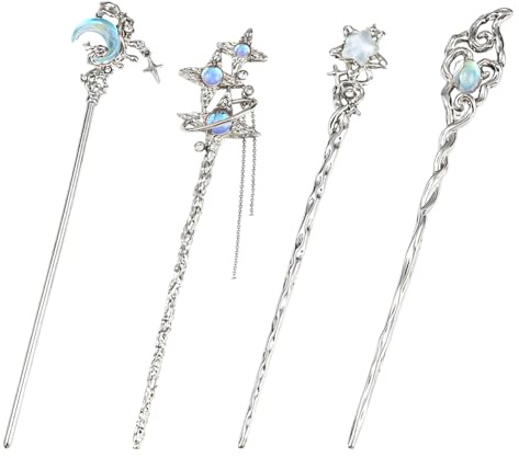 SUNNYCLUE 1 caja de 4 horquillas para el Pelo de 4 estilos con Forma de Luna, Palillos Chinos Hanfu con Forma de Estrella Plateada, Mariposa, Corazón, Aleación de Resina, Palillos Tibetanos de Metal V