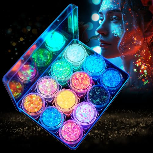 12 Farben Festival Fluoreszierendes Glitzer,Glitzer Gesicht Accessoires,Festival Schminke Pailletten Chunky,Body Körperglitzer für Nägel Augen