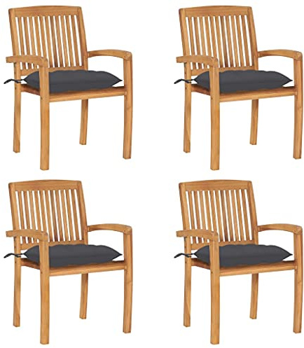 HaoChrymec Stapelbare Gartenstühle 4 STK. mit Kissen aus Massivholz Teak, Witterungsbeständig, Stapelstuhl Garten, Relaxsessel Garten, Gartenmöbel Set, Balkon Stuhl, 60 x 57.5 x 90 cm