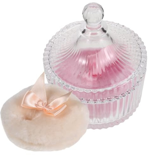 Hohopeti Powder Puff Decorative Jar with Lid with Glass Storage Box for Convenient Storage and Precise Care, Beige and Pink Plush Bow Shape for Moms and Babies