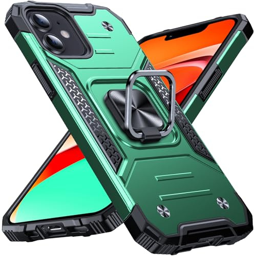 Anqrp Heavy Duty Case for iPhone 12/12 Pro Case with Enhanced Ring Holder Grip Stand, Military Grade Shockproof Rugged Drop Protective Silicone Hard iPhone 12/12 Pro Phone Case Cover, Dark Green