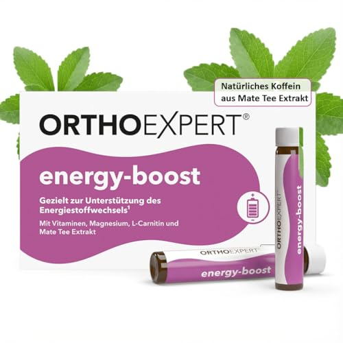 Orthoexpert energy-boost | Vitamin B12 Ampullen Hochdosiert (20.000% NRV) + Koffein Pulver aus Mate-Tee | B12 Trinkampullen 7 Stück