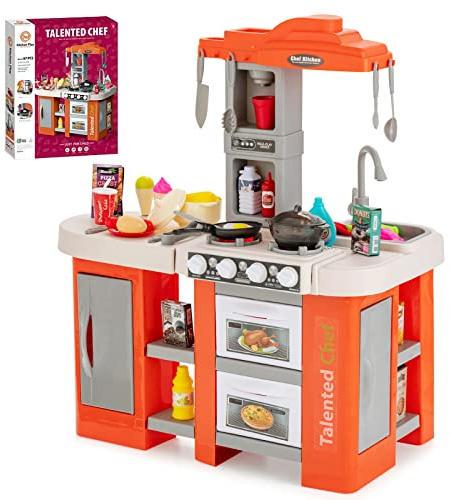 DREAMADE Kinderküche mit 38 TLG. Zubehör, Kinderspielküchemit Dampf & Wasserzirkulation, Spielküche mit Licht und Sound für Kinder ab 3 Jahren (Orange)