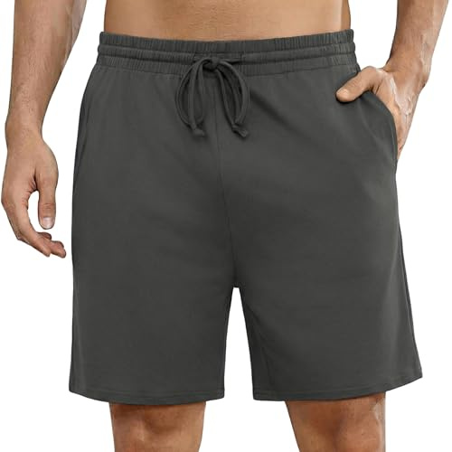 Bresdk Shorts de Pijama Hombre Verano Algodón Transpirable con Bolsillos Laterales y Traseros Cómodo para Estar en Casa Gris L
