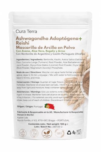 Adaptogen lermask med Ashwagandha och Reishi – bentonit och kaolin – balanserande och lugnande – 100 g – kosmetisk användning