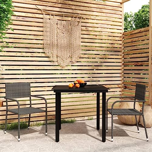 Owoxanthellate OWOX 3-TLG. Gruppo da giardino 80 × 80 cm acciaio/vetro, sedie impilabili in rattan PE grigio 110 kg, balcone/terrazza