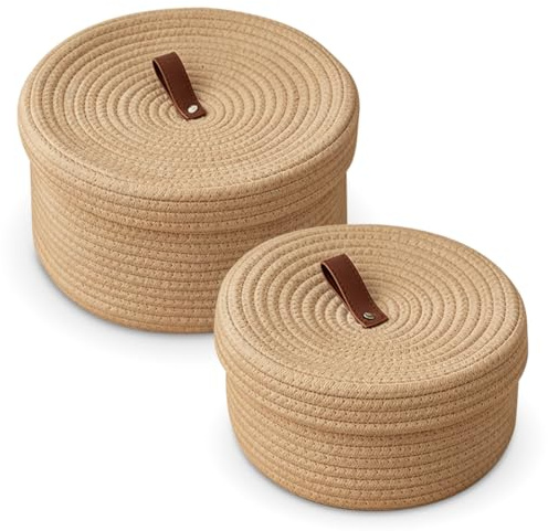 CEWROM Lot de 2 corbeilles décoratives en corde de coton avec couvercle, en corde de coton tissé, avec couvercle, pour salon, 28 x 16 cm/23 x 12 cm, kaki