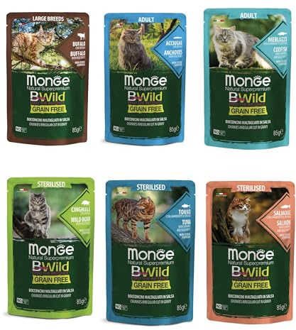 Monge BWild Grain Free Alimento Umido per Gatti Adulti, Gusti Misti con Ortaggi, 12 Bustine da 85 g