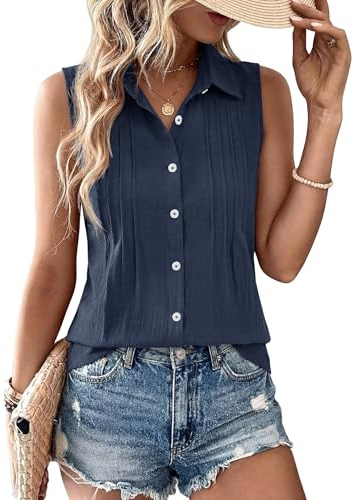 Rapbin Womens Tops Summer Sleeveless Button Down Cotton Shirt Blouses | Office Business Collared Pleated Front Ladies Casual Tank Tops Shirts