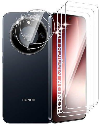 DXULWLM 3+2 Piezas Cristal Templado para Honor Magic 8 Lite 5G,con protector de Lente de cámara,HD transparente,Dureza 9H,Sin Burbujas,Anti-Arañazo Protector de Pantalla