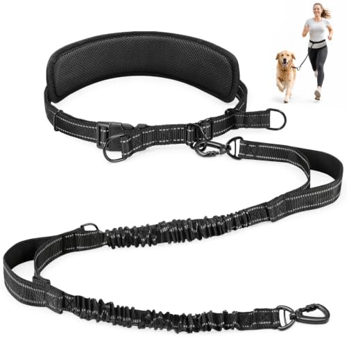 Gimars Ceinture Canicross Chien Réglable avec Coussin Lombaire Épais et Confortable, Laisse Canicross Chien Élastique Mains Libres Anti-Fuite, Double Poignée Rembourrée Réfléchissante, Chiens 10–50kg