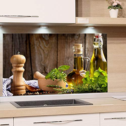 GRAZDesign Spritzschutz Glas für Küche Herd, Bild-Motiv grün Kräuter Provinz mediterran, Küchenrückwand Glas Küchenspiegel Glasrückwand / 100x60cm